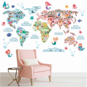 Adesivo Mapa Mundi Infantil Sereia Fundo Mar Recortado M115