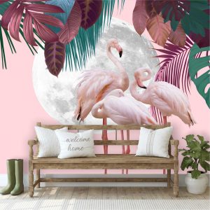 Adesivo Parede Flamingo Tropical Folhagem Lua Parede G1012