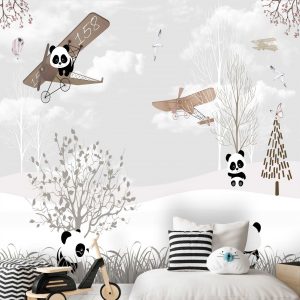 Adesivo Parede Infantil Avião Urso Panda Nuvem Painel G1113