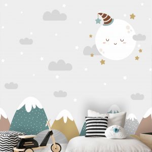 Adesivo De Parede Infantil Nuvem Lua Montanhas Painel G1120