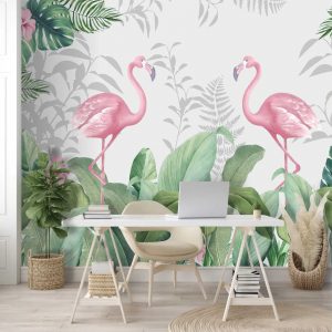 Adesivo De Parede Tropical Folhagem Flamingo Painel G1158