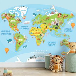 Adesivo Parede Infantil Mapa Mundi Zoo Safari Painel G1172