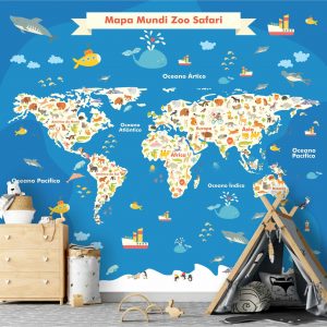 Adesivo Parede Infantil Mapa Mundi Zoo Safari Painel G1173