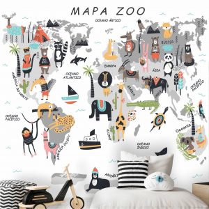 Adesivo Parede Mapa Mundi Zoo Safari Infantil Painel G1174