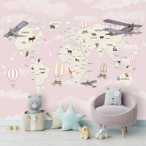 Adesivo Parede Mapa Infantil Rosa Avião Balão Painel G1186