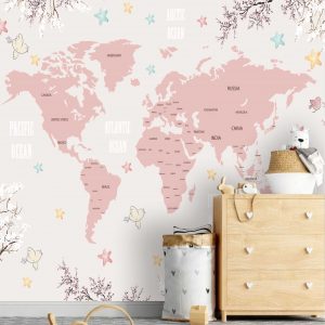 Adesivo Parede Mapa Infantil Menina Rosa Flor Painel G1189