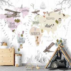 Adesivo Parede Mapa Infantil Zoo Safari Aviões Painel G1195