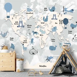 Adesivo Parede Mapa Infantil Azul Balão Aviões Painel G1200